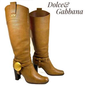 ☆即決・送料無料☆DOLCE＆GABBANA ドルチェ＆ガッバーナ ゴールドコンチョ ロングブーツ 茶 ブラウン 23cm ブーツ 本皮 本革 レディース