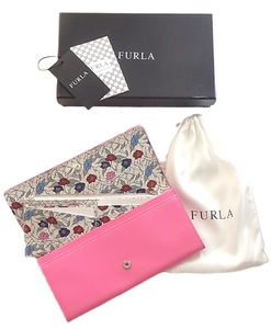 未使用 FURLA フルラ レザー ホック式 二つ折り長財布 ピンク rodonite ボタニカル柄 花柄 ロングウォレット 小銭入れ レディース