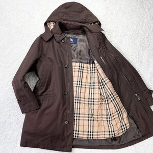 未使用級！稀少Lサイズ！ BURBERRY LONDON 4WAY ダウンライナー フーデット ステンカラーコート ノバチェック ビジネス ブラウン フェザー