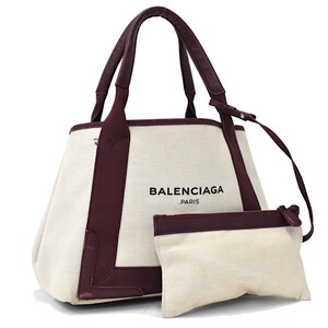 1円 ◆BALENCIAGA バレンシアガ ハンドバッグ トート ネイビーカバス S キャンバス レザー ホワイト ボルドー◆E.Cme.tI-27