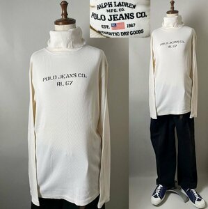 ★【90s～00s デザイン＆素材&配色◎】POLO JEANS CO. ポロ ジーンズ コットン100％ ステンシル 長袖 リブ タートル 長袖 Tシャツ M 生成り