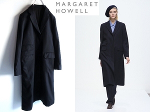 コレクション使用 MARGERT HOWELL マーガレットハウエル RELAXED CITY COAT ウール ロングチェスターコート 2 ネイビー 定価96120円 MHL.