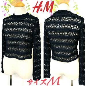 新品　タグピン付き　H＆M　エイチアンドエム　レーストップス　透け感　ショート丈　ブラック　サイズM