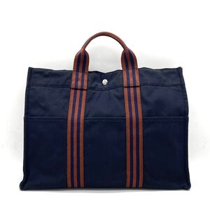 1円 美品 HERMES エルメス フールトゥMM キャンバス トートバッグ ハンドバッグ ネイビー