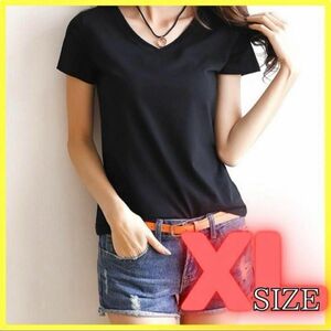 Vネック シャツ 半袖 きれいめ シンプル カットソー レディース Tシャツ 黒 ブラック ベーシック インナー 無地 春 夏 XL