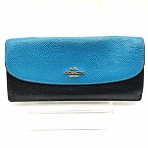 【ファスナー噛み合わず】COACH コーチ 長財布 ブルー×ブラック フラップ 馬車ロゴ シルバー金具 レディース