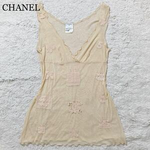 【極美品】CHANEL タンクトップ メッシュ 刺繍 アイコン ココマーク M