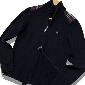 美品/ Lサイズ BURBERRY BLACK LABEL バーバリーブラックレーベル ニット ジャケット ブルゾン カシミヤ混 ホースロゴ刺繍 ノバチェック