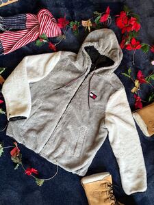 超美品 定価27,500円 正規販売 TOMMY HILFIGER トミーヒルフィガー 高品質ボアファー ジップアップ パーカー ジャケット sizeXL グレー系