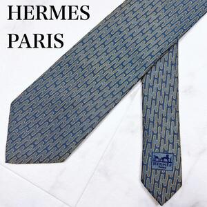 ◇Herms エルメス シルクネクタイ フランス製 紳士 総柄 グレー ブルー