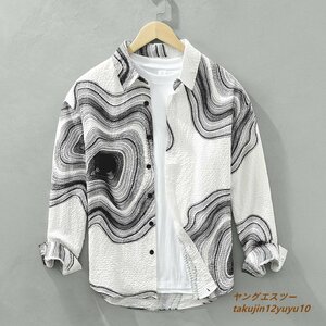 超希少*メンズシャツ 長袖シャツ ワイシャツ ヴィンテージ 新品 アロハシャツ 総柄シャツ シワ感 カジュアル 心地良し ホワイト L