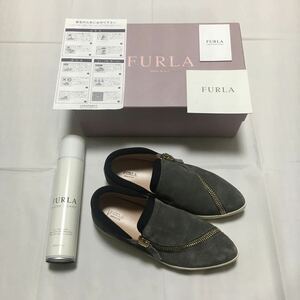 手入れ済み 希少 レア イタリア製 FURLA フルラ スリッポン スエード グレー 22.0cm WATER GUARD 説明書 箱付き レディース シューズ 靴