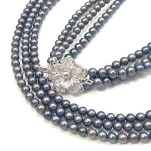 ［アコヤ本真珠3連ネックレスおまとめ] s 重量約33.5g 約3.8mm ベビーパール baby pearl necklace Blue silver DA0