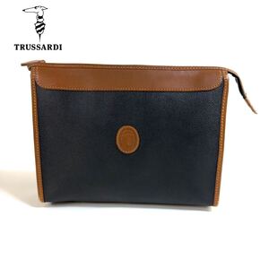 【美品】TRUSSARDI トラサルディ PVC レザー セカンドバッグ　 クラッチバッグ ブラック ブラウン