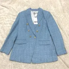 未使用品　ZARA テーラードジャケット ツイード ダブル 金ボタン L ブルー