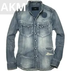 定価5.8万AKM STRETCHDENIM DAMAGEDバンドカラーシャツM