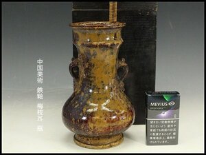 【銀閣】中国美術 鉄釉 梅枝耳 瓶 高20.5cm 旧家蔵出 送料無料(YB891)