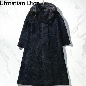 大きいサイズ13号★極上美品★Christian Diorクリスチャンディオール★ アストラカン ミンクロングコート　エンバ 毛皮 カラクルラム　子羊