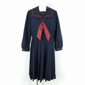 1円 セーラー服 ジャンパースカート 上下3点セット 指定 冬物 赤3本線 女子 学生服 福岡小倉日新館中学 紺 制服 中古 ランクC NA9173