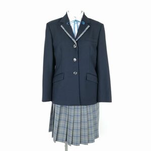 1円 ブレザー チェックスカート 紐タイ 上下4点セット 指定 カンコー 冬物 女子 学生服 大阪芦間高校 紺 制服 中古 ランクB EY2791