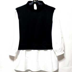 新春/未使用【サイズ=L】レディス/七分袖/レイヤード風/カットソー/胸囲=86~94cm/black×white