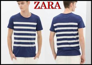 正規品 ZARA ボーダーTシャツ ザラ 紺 白 半袖 Uネック ネイビー メンズ ストライプ インナーTシャツ