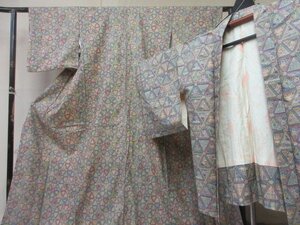 1円 良品 正絹 着物 アンサンブル 縮緬 小紋 式典 和装 女性用 花菱 幾何学 抽象 高級 袷 身丈163cm 裄67cm【夢職】★★★