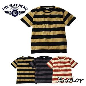 アイボリー×ライトレッド 44(XXL) THE FLAT HEAD ボーダーTシャツ FN-THB-002 コットン100％ 日本製 ワンウォッシュ