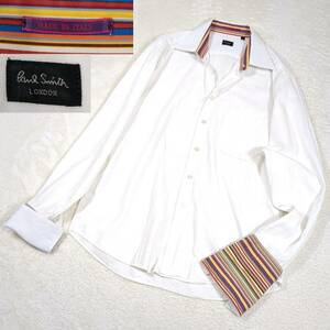 1円 Paul Smith ポールスミス コットンシャツ マルチストライプ 長袖 白シャツ Lサイズ相当 ホワイト イタリア製 メンズ 希少モデル 綿
