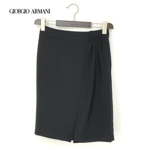 A7054/美品 春夏 GIORGIO ARMANI アルマーニ 黒ラベル トリアセテート デザイン ギャザー プリーツ 膝丈 スカート38黒/レディース スーツ用