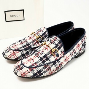 GQ2148*イタリア製《GUCCI グッチ》38(24.5cｍ相当) ツイード ホースビットローファー スリッポン パンプス 431467 ホワイト/ネイビー系