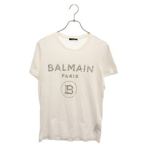 BALMAIN バルマン メタリック ロゴプリント クルーネック半袖Tシャツ カットソー ホワイト/シルバー EF000B066