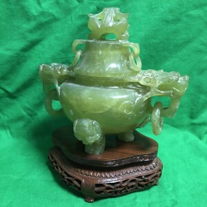 香炉 中国玉石 玉石彫刻 中国美術 STONE CARVINCS 中古品 保管品 箱付