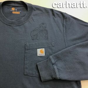 ★USA直輸入!!★正規品★【carhartt カーハート】メッセージ＆イラスト入り 胸ポケット付き 長袖 Tシャツ【メンズ M】グレー レア品 K2-709