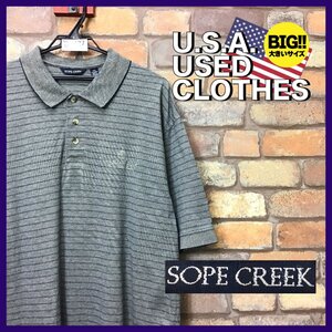 ME12-427★USA買付品★BIGサイズ【SOPE CREEK】クラシックボーダー 胸刺繍 半袖ポロシャツ【メンズ 2XL】グレー スポーツ ゴルフ ワーク