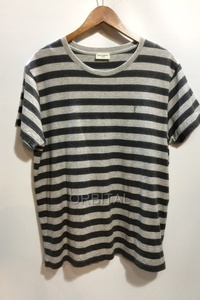 代官山)SAINT LAURENT PARIS サンローラン パリ 国内正規 631098 ロゴ ワンポイント ボーダーTシャツ グレー サイズXL