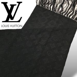 t17 良品 LOUIS VUITTON ルイヴィトン モノグラム 刺繍 フリンジ ストール ロングスカーフ シルク 黒 ショール フォーマル マフラー 正規品