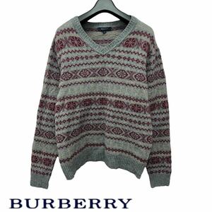 BURBERRY LONDON /バーバリー レディース カシミヤ混 Vネック ウールセーター Lサイズ グレー×パープル ホース刺繍 秋冬服 O-2344