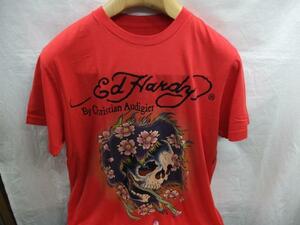 送料無料！半袖Tシャツ　ロゴ・タトゥプリント　天竺　赤　M表示　Lサイズ相当　Ed　Hardy★OUTLET未使用格安！