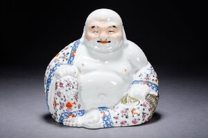 【清】某有名オークション買入 時代物 中国伝来 江西・景徳鎮・茂記生造 色絵弥勒菩薩造像 骨董品 古美術