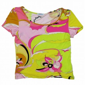 エミリオプッチ EMILIO PUCCI プッチ柄 Tシャツ カットソー Uネック トップス 半袖 イエロー ピンク サイズM レディース YBAM7