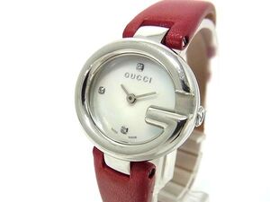 1円 ■美品■ GUCCI グッチ 134.5 SS×レザー クォーツ 5気圧防水 腕時計 ウォッチ レッド系 GA0570