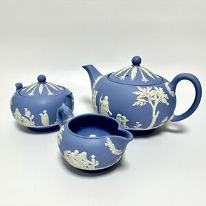 美品 3点 セット ウェッジウッド ジャスパー ティーポット シュガーポット クリーマー ブルー Wedgwood 検) マイセン ヘレンド リヤドロ