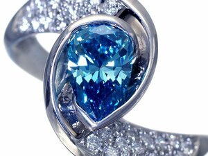 【ジュエリー極】極上蒼き雫！超極上大粒ブルーダイヤモンド1.03ct 約VS以上＆クリアダイヤ 超高級Pt900リング h5181izl【送料無料】