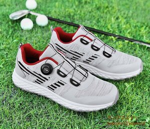 高級品 メンズ ゴルフシューズ 新品 ダイヤル式 運動靴 4E 幅広い Golf shoes スポーツシューズ フィット感 軽量 防滑 弾力性グレー 25.0cm