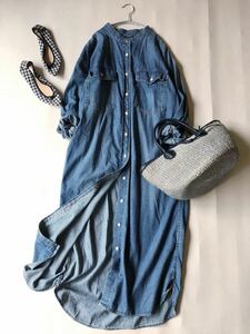 スローブイエナ Le Denim SLOBE IENA コットン100%大人可愛いゆったりオーバーサイズダンガリーデニムバンドカラーシャツワンピース♪