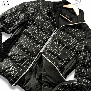 未使用級/Lサイズ相当●アルマーニ エクスチェンジ ダウンジャケット アウター ARMANI EXCHANGE ダブルジップ ロゴ総柄 リアルダウン80% 黒