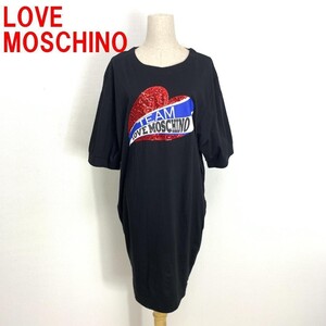 A3272 ラブモスキーノ 半袖チュニック 綿 スパンコール LOVE MOSCHINO コットン ブラック プリント オーバーサイズ 黒 ６ M相当