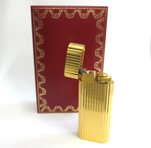 【5-212】Cartier カルティエ ガスライター ストライプ ゴールド 箱付き ライター 喫煙グッズ 喫煙具 着火未確認 未使用に近い ジャンク品