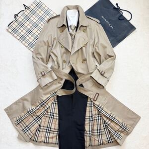 幻の大きいサイズ XL程度【超美品】バーバリー BURBERRY ☆英国製☆ 裏地：ノバチェック柄 コットンギャバジン ロング丈 トレンチ コート